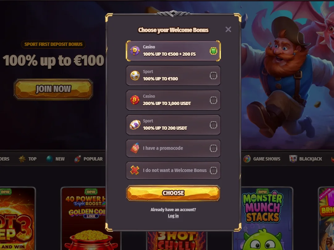 Dragonia welcome bonus selector showing casino, sports, crypto, promo code and no-bonus options