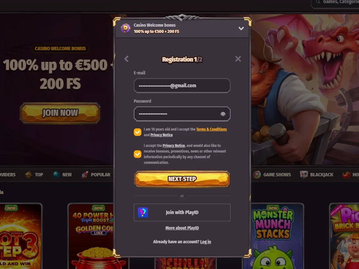 Dragonia registration stage one showing email, password, age confirmation, consent options and Next Step button