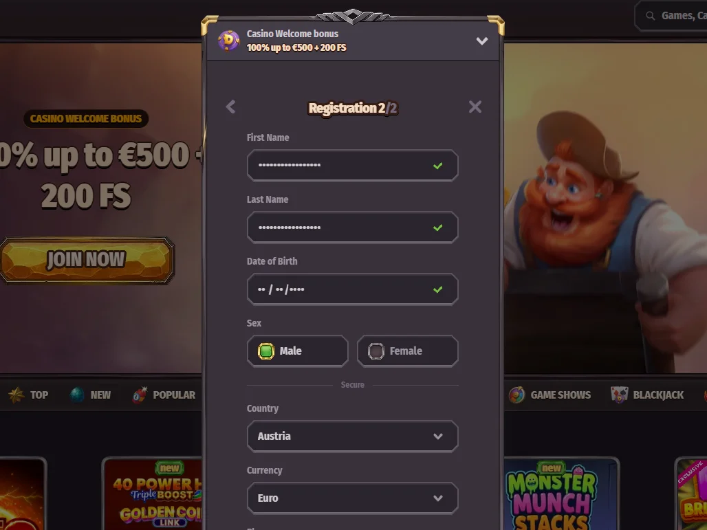 Dragonia registration stage two showing personal details and country and currency selectors set to Austria and Euro