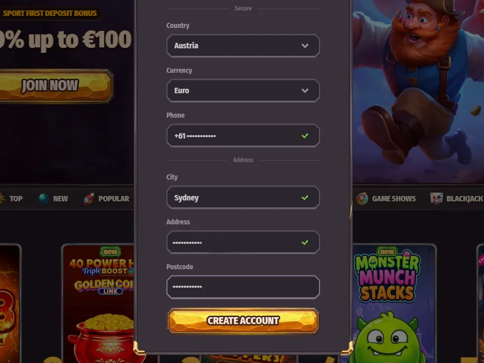 Dragonia registration form showing country, currency, a +61 phone number, Sydney, address, postcode and Create Account button